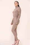 Grey High Neck Ruched Side Arm Solid Drawstrings Ribbed Tee and Leggings set For Women M/L - Dropwear