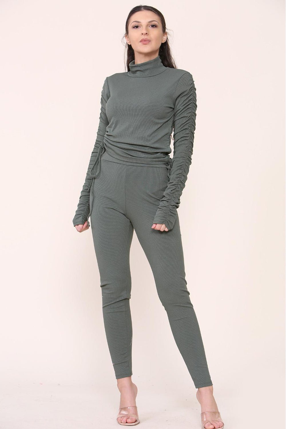 High Neck Ruched Side Arm Solid Drawstrings Ribbed Tee and Leggings set For Women  - Dropwear