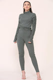 High Neck Ruched Side Arm Solid Drawstrings Ribbed Tee and Leggings set For Women  - Dropwear