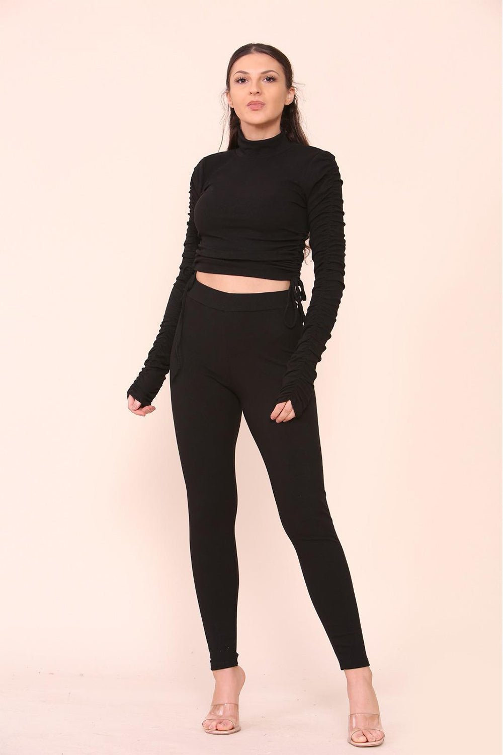 Grey High Neck Ruched Side Arm Solid Drawstrings Ribbed Tee and Leggings set For Women S/M - Dropwear