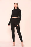 Grey High Neck Ruched Side Arm Solid Drawstrings Ribbed Tee and Leggings set For Women S/M - Dropwear