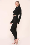 Sky Blue High Neck Ruched Side Arm Solid Drawstrings Ribbed Tee and Leggings set For Women S/M - Dropwear