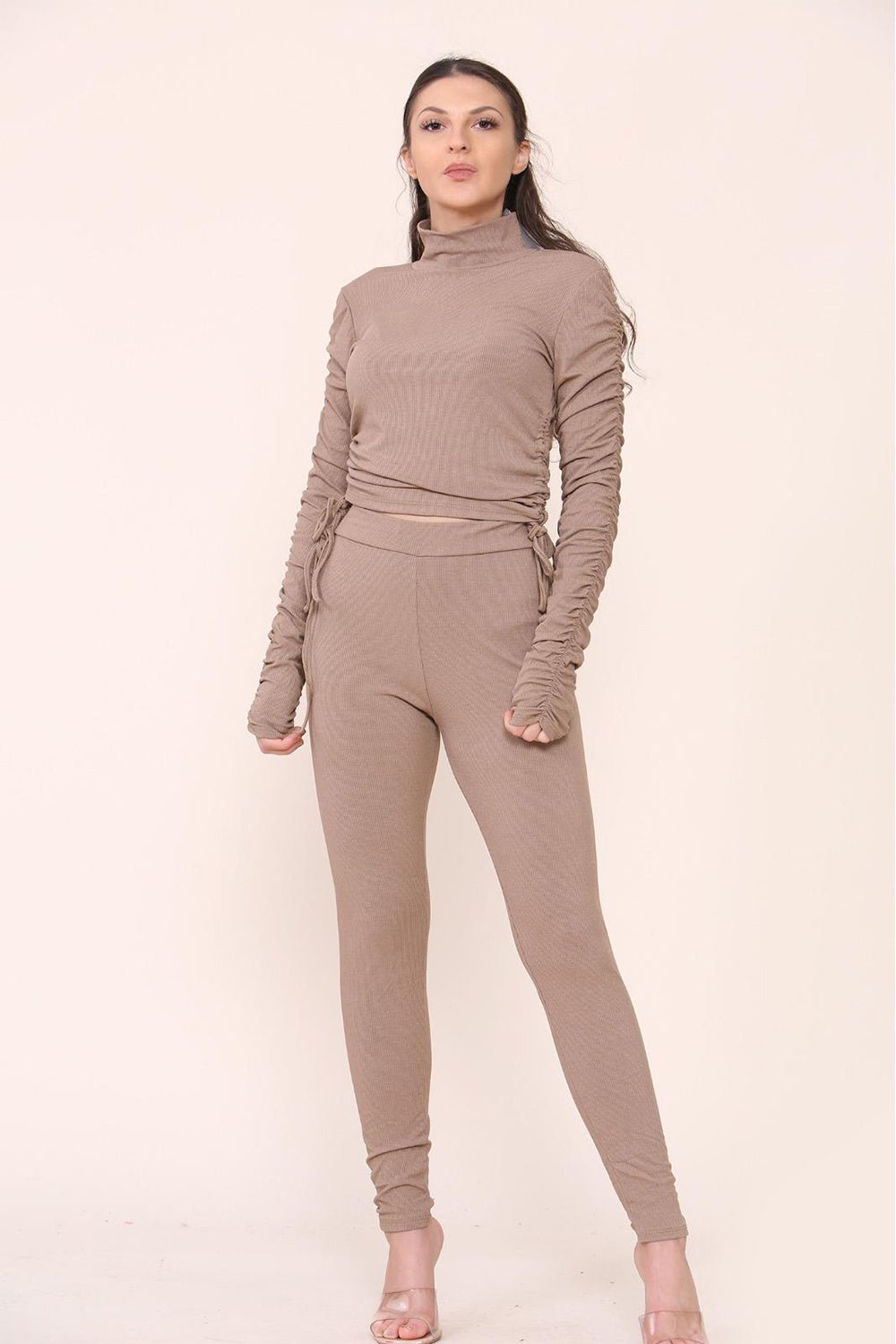 Beige High Neck Ruched Side Arm Solid Drawstrings Ribbed Tee and Leggings set For Women M/L - Dropwear