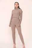 Beige High Neck Ruched Side Arm Solid Drawstrings Ribbed Tee and Leggings set For Women M/L - Dropwear