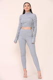 Mocha High Neck Ruched Side Arm Solid Drawstrings Ribbed Tee and Leggings set For Women S/M - Dropwear