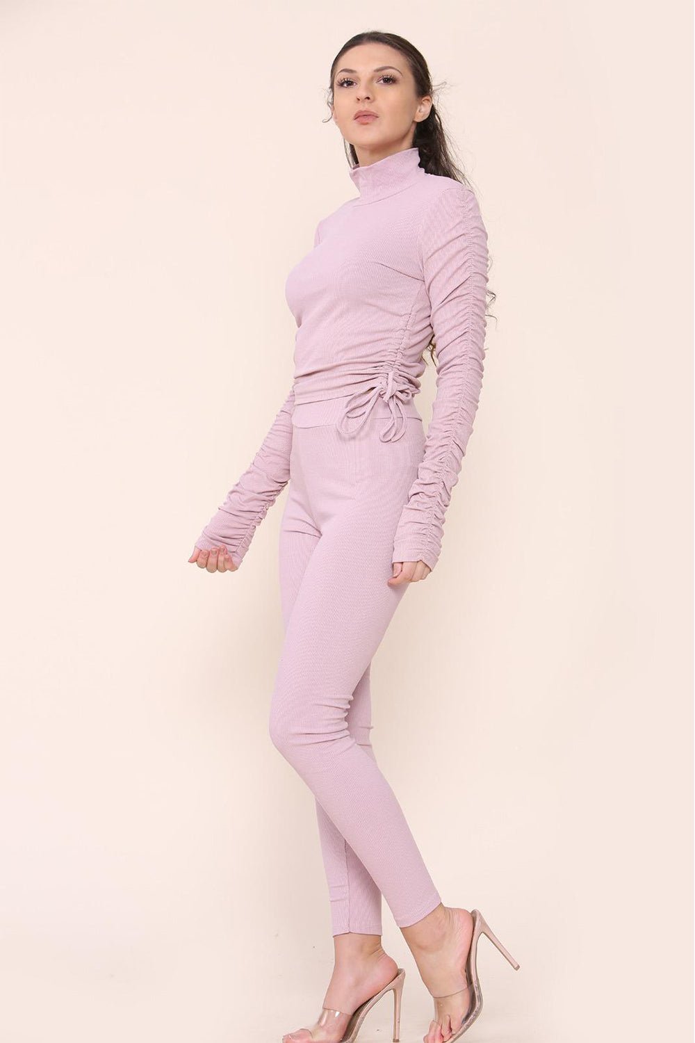 Black High Neck Ruched Side Arm Solid Drawstrings Ribbed Tee and Leggings set For Women S/M - Dropwear