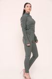Sky Blue High Neck Ruched Side Arm Solid Drawstrings Ribbed Tee and Leggings set For Women M/L - Dropwear