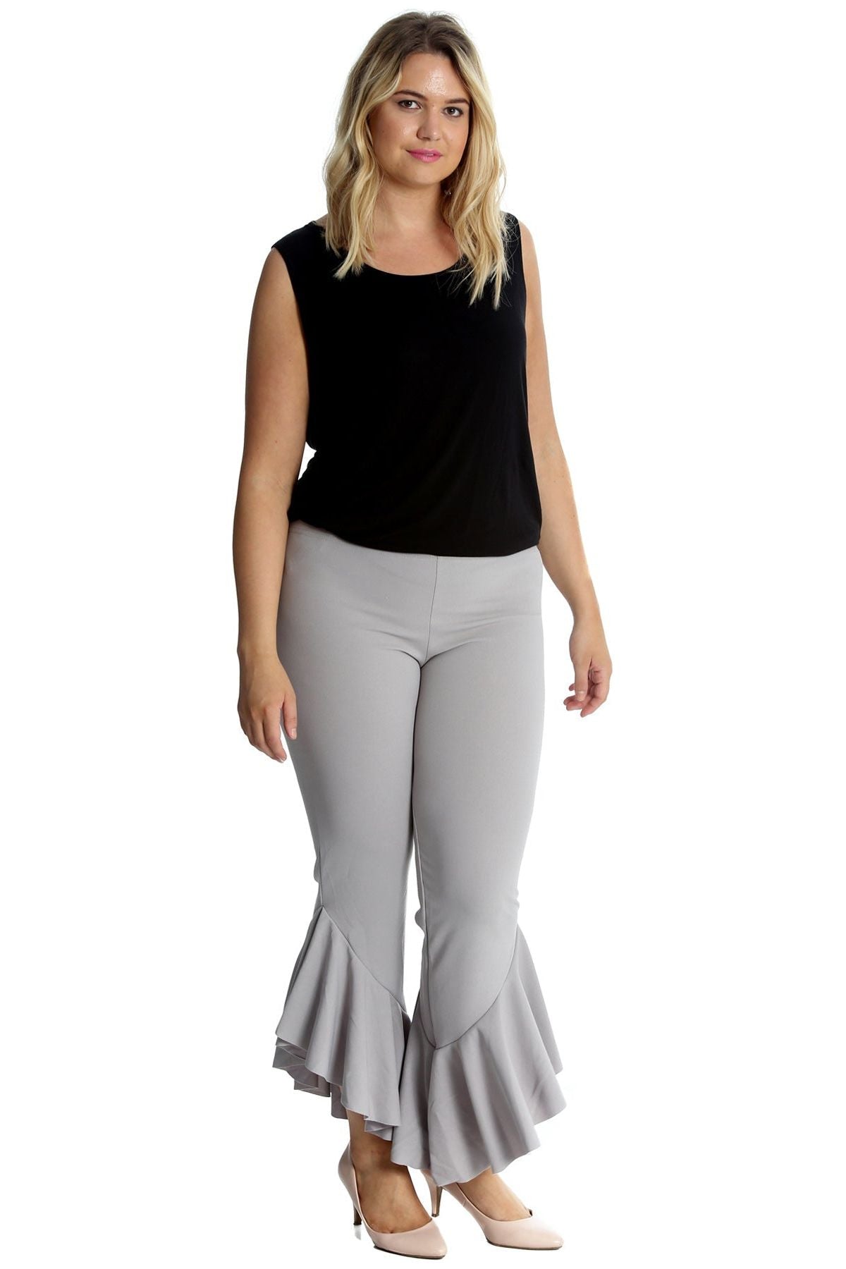 Plus Size Frill Asymmetric Hem Plain Trousers For Women  - Dropwear