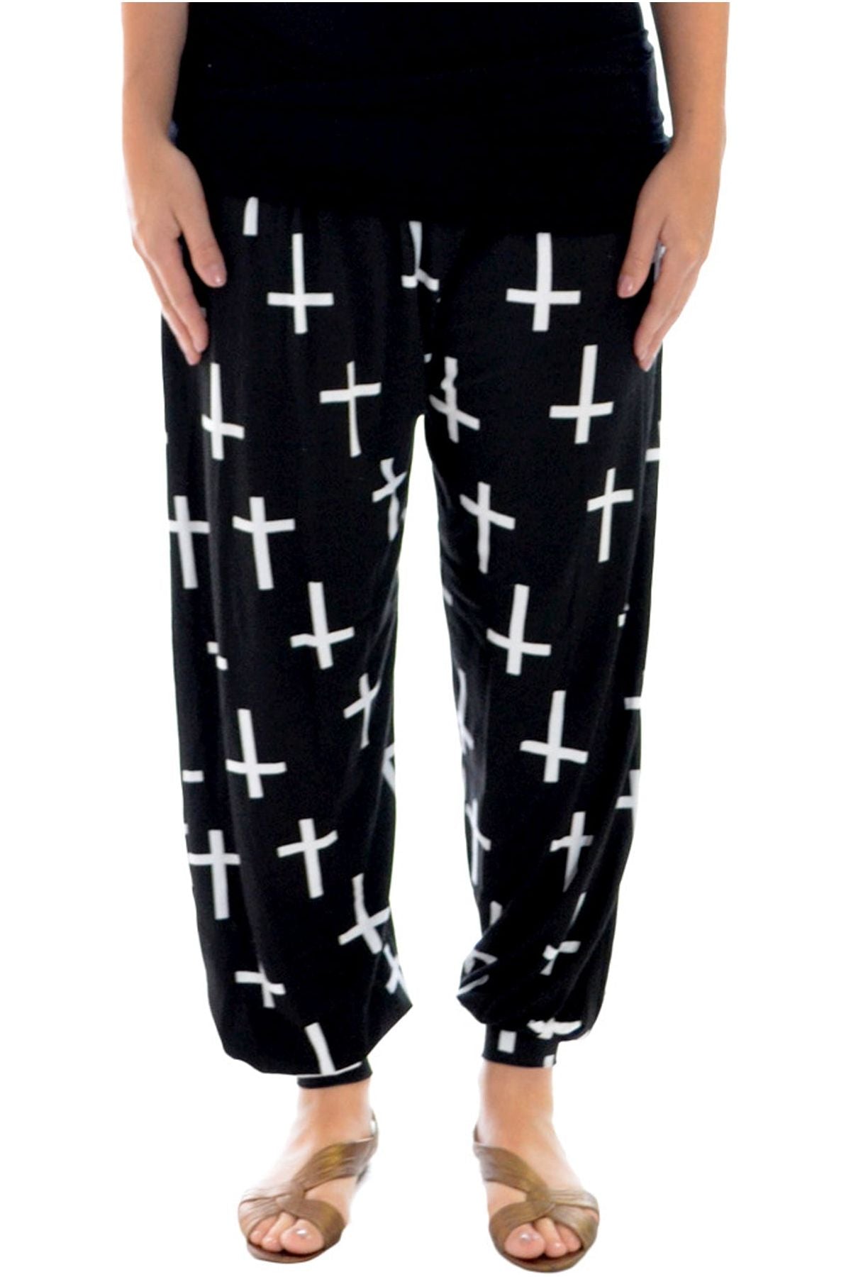 Black Cross Plus Size Cross Print Harem Trousers For Women 24-26 - Dropwear