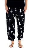Black Cross Plus Size Cross Print Harem Trousers For Women 24-26 - Dropwear