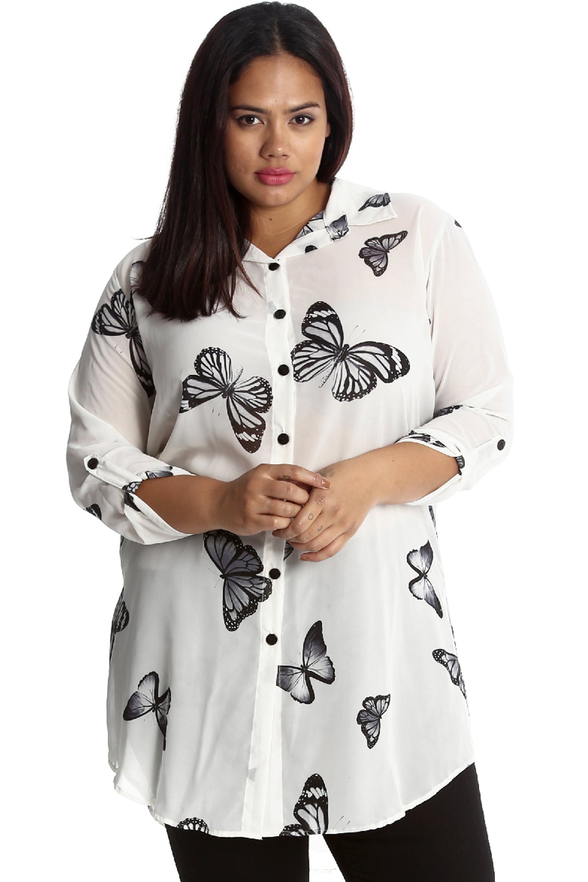 Cream Butterfly Print Side Slit Curved Hem Top For Women 24 - Dropwear