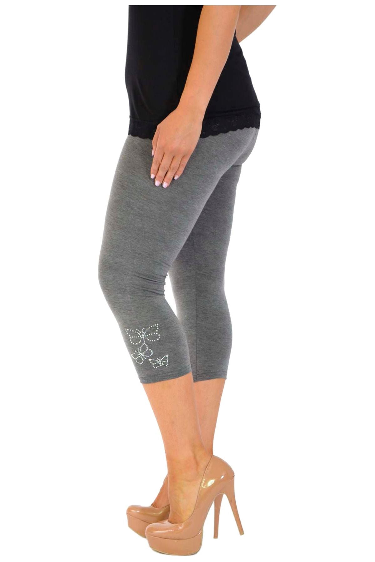 Brown Plus Size 3/4 Butterfly Sequin Leggings For Women 28-30 - Dropwear