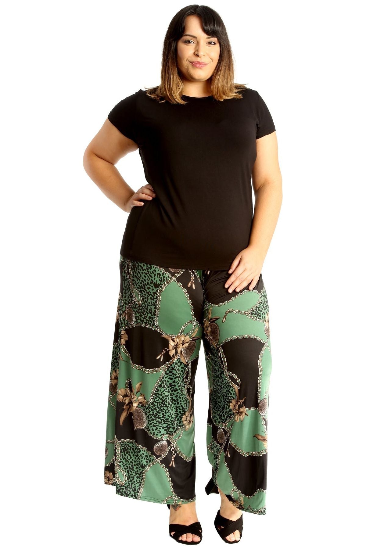 Green Leopard Chain Plus Size Green Leopard Chain Print Palazzo Trouser For Women 20-22 - Dropwear