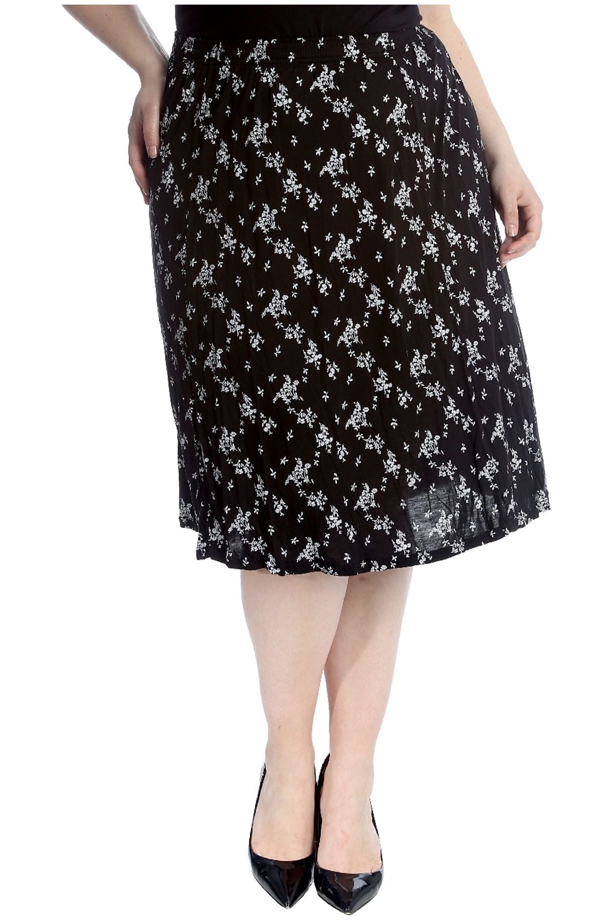 Black White Floral Plus Size Floral Print Midi Skirt For Women 16-18 - Dropwear