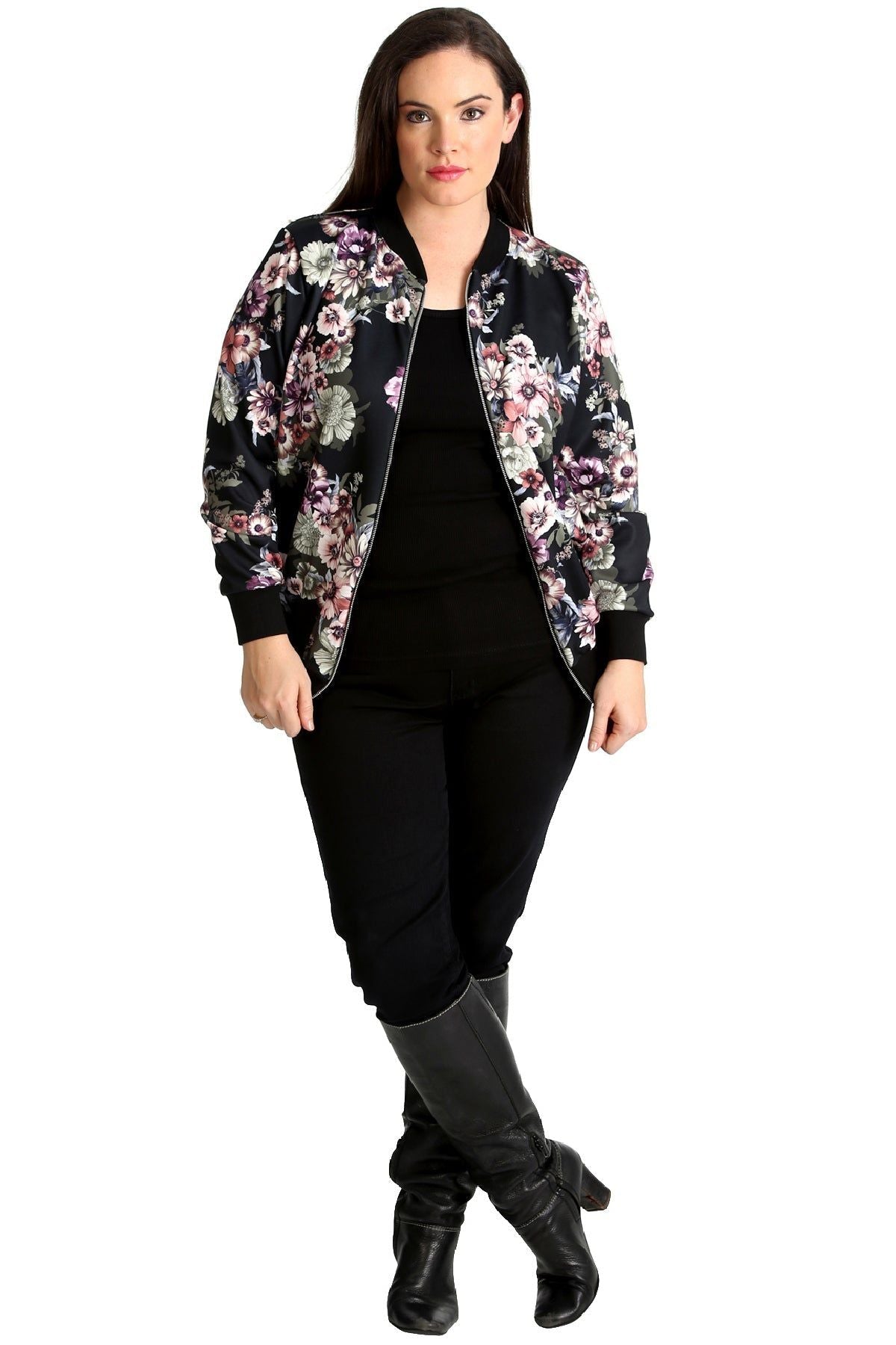 Black Floral Bomber Jacket Ladies Print Elasticated For Women 18 - Dropwear