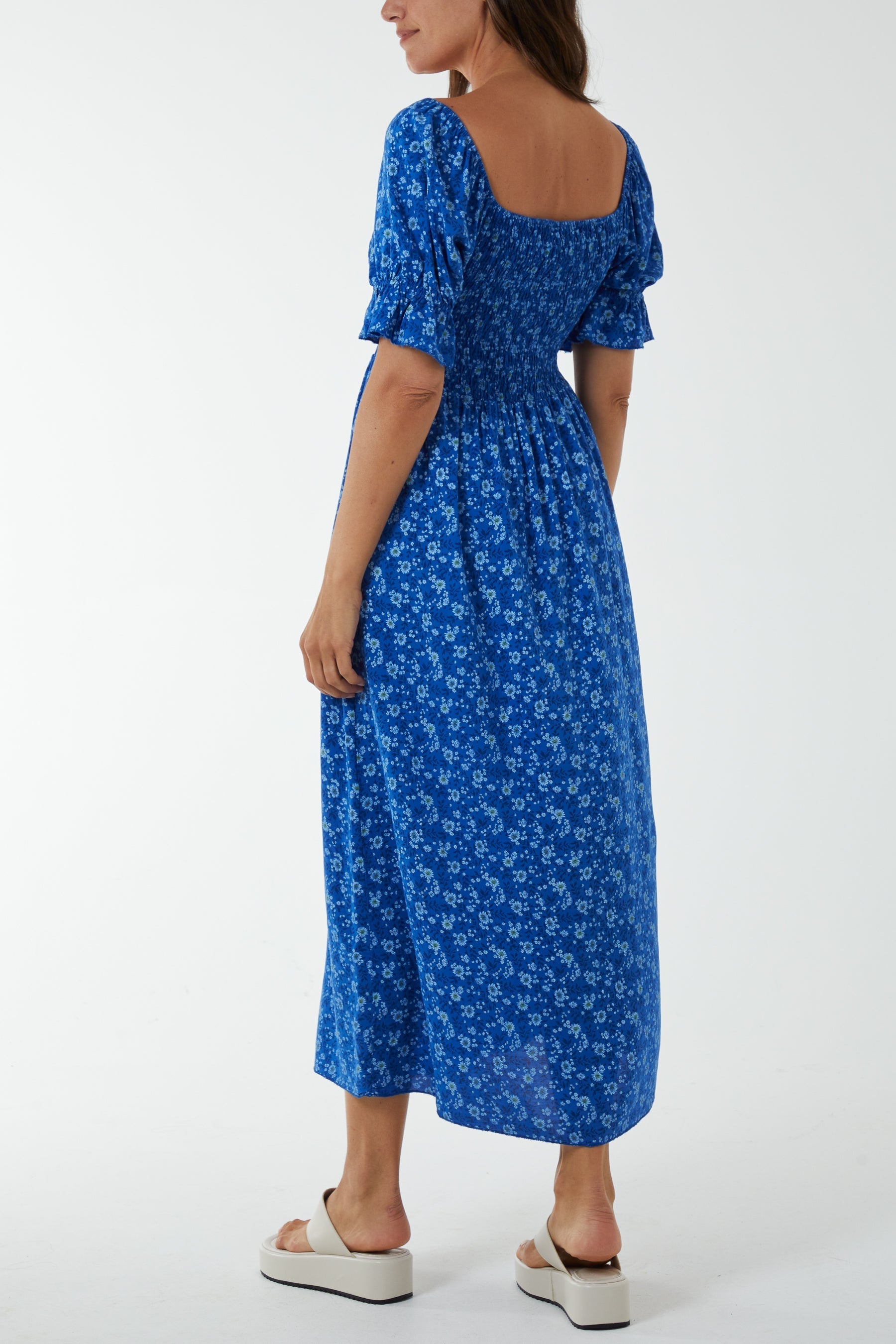 Puff Sleeve Floral Shirred Bodice Dress For Women  - Dropwear
