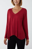 Wine Ribbed V-Neck Oversized Raw Edge Jumper For Women ONE SIZE - Dropwear
