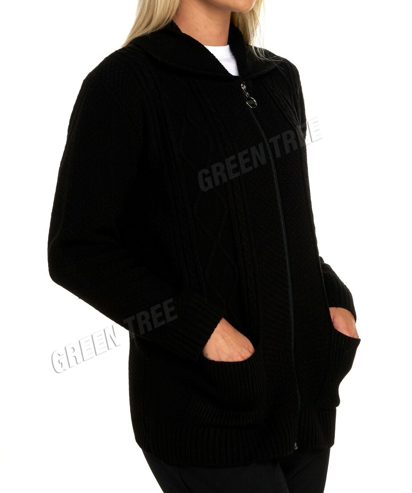 Light Grey Knit Collar Long Sleeve Zip Cardigan For Women 8-10 - Dropwear