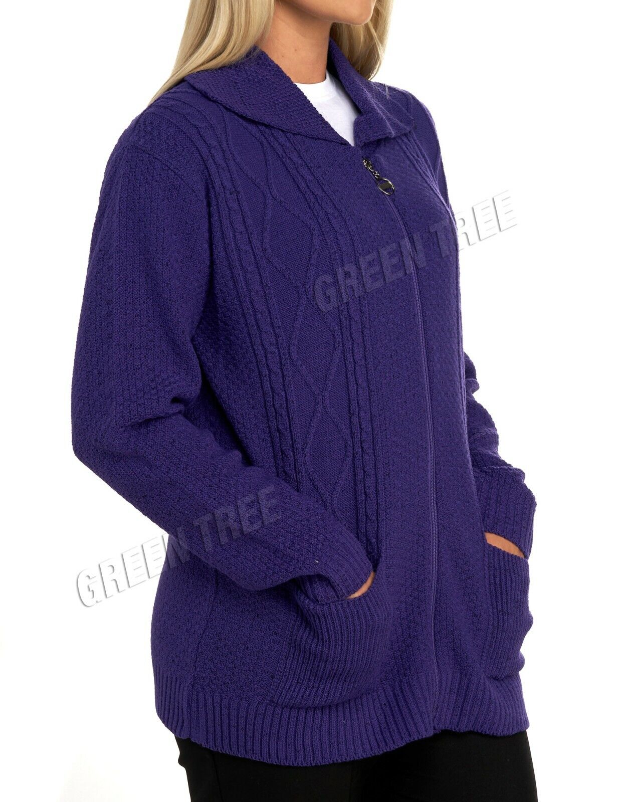 Stone Knit Collar Long Sleeve Zip Cardigan For Women 12-14 - Dropwear