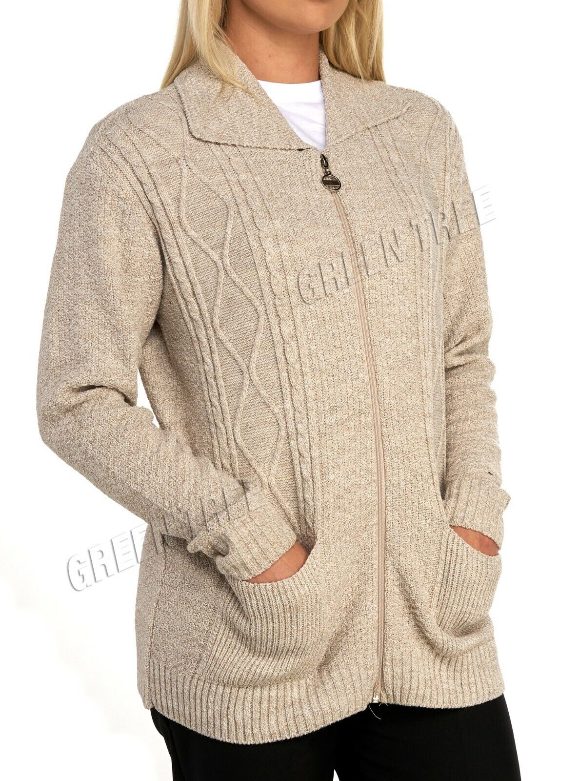 Navy Blue Knit Collar Long Sleeve Zip Cardigan For Women 12-14 - Dropwear