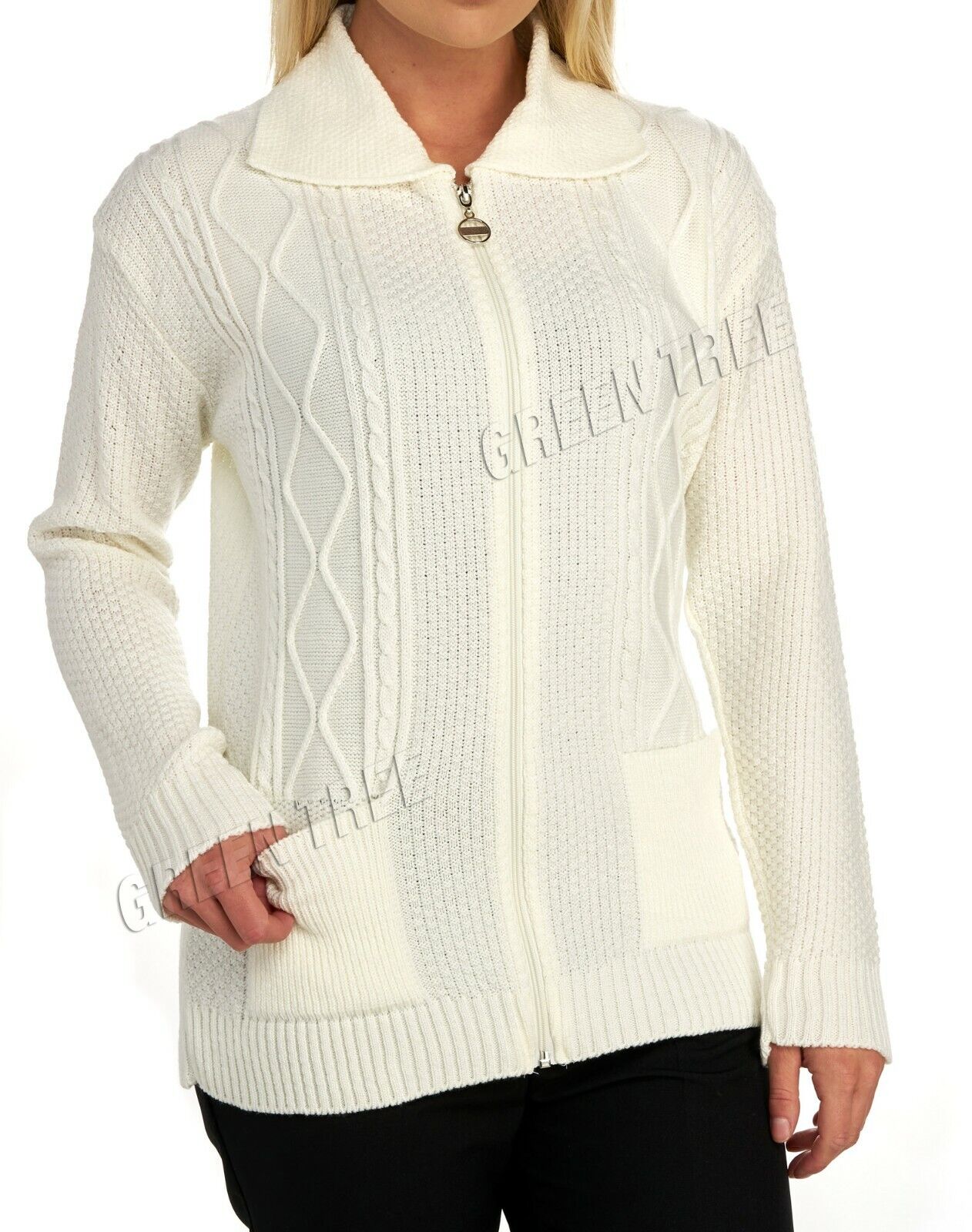Red Knit Collar Long Sleeve Zip Cardigan For Women 12-14 - Dropwear