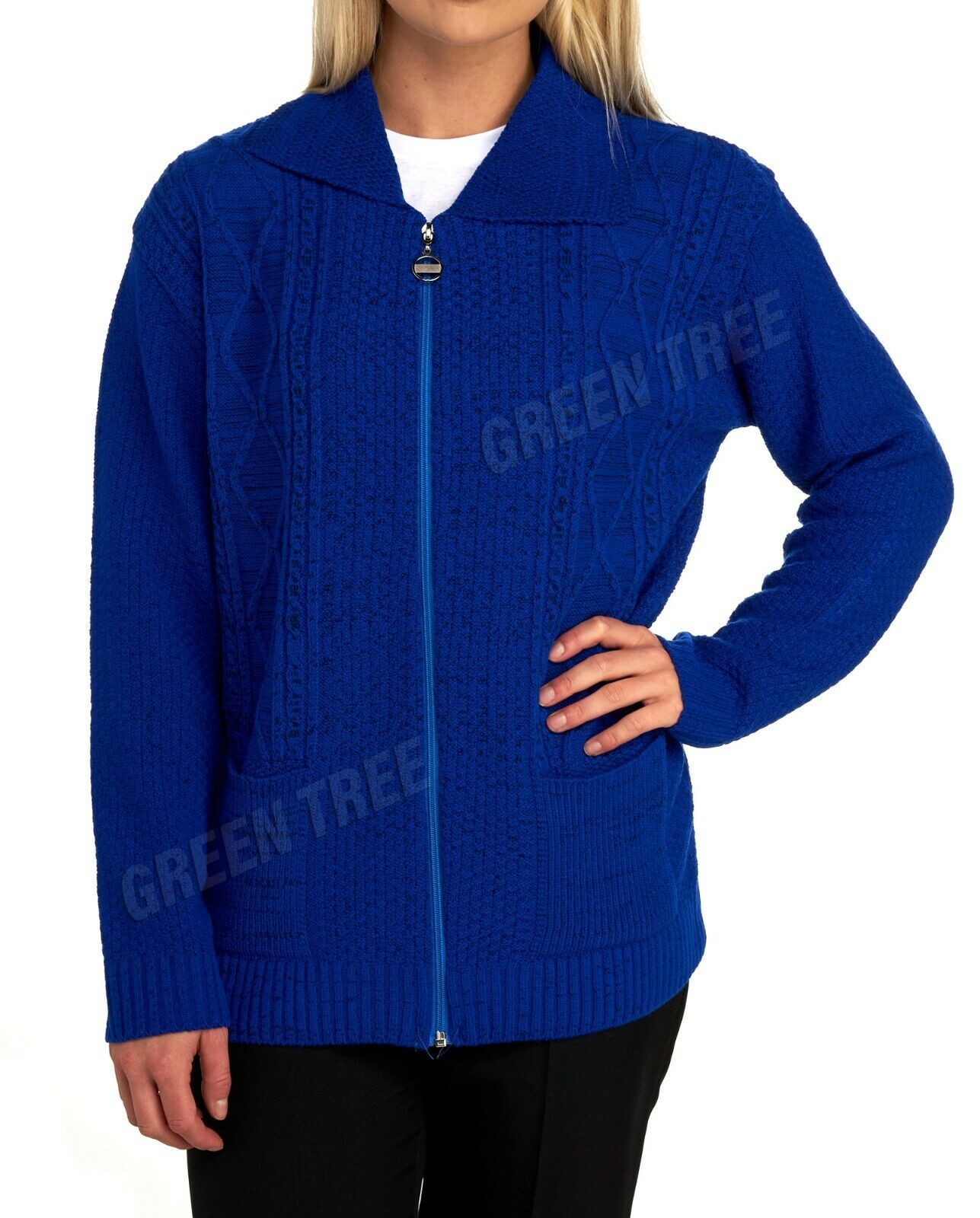 Light Grey Knit Collar Long Sleeve Zip Cardigan For Women 12-14 - Dropwear