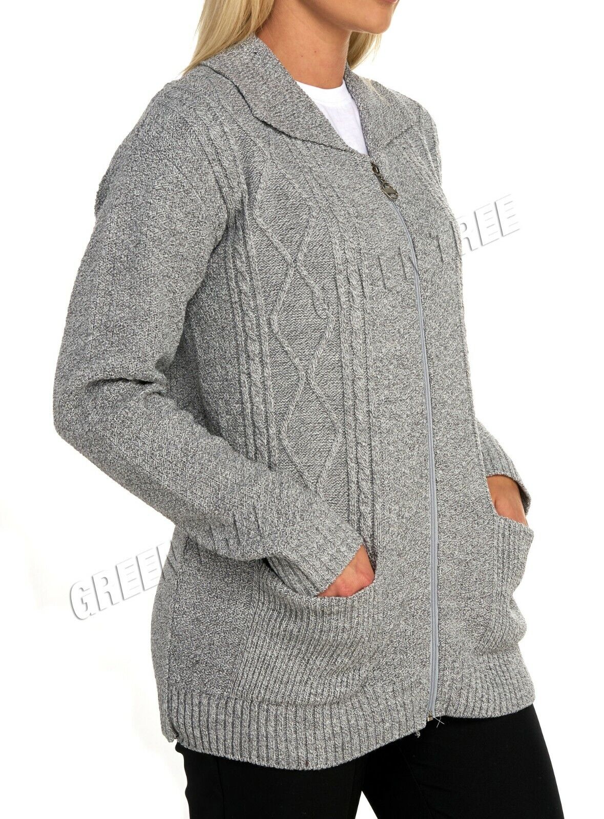 Cream Knit Collar Long Sleeve Zip Cardigan For Women 8-10 - Dropwear