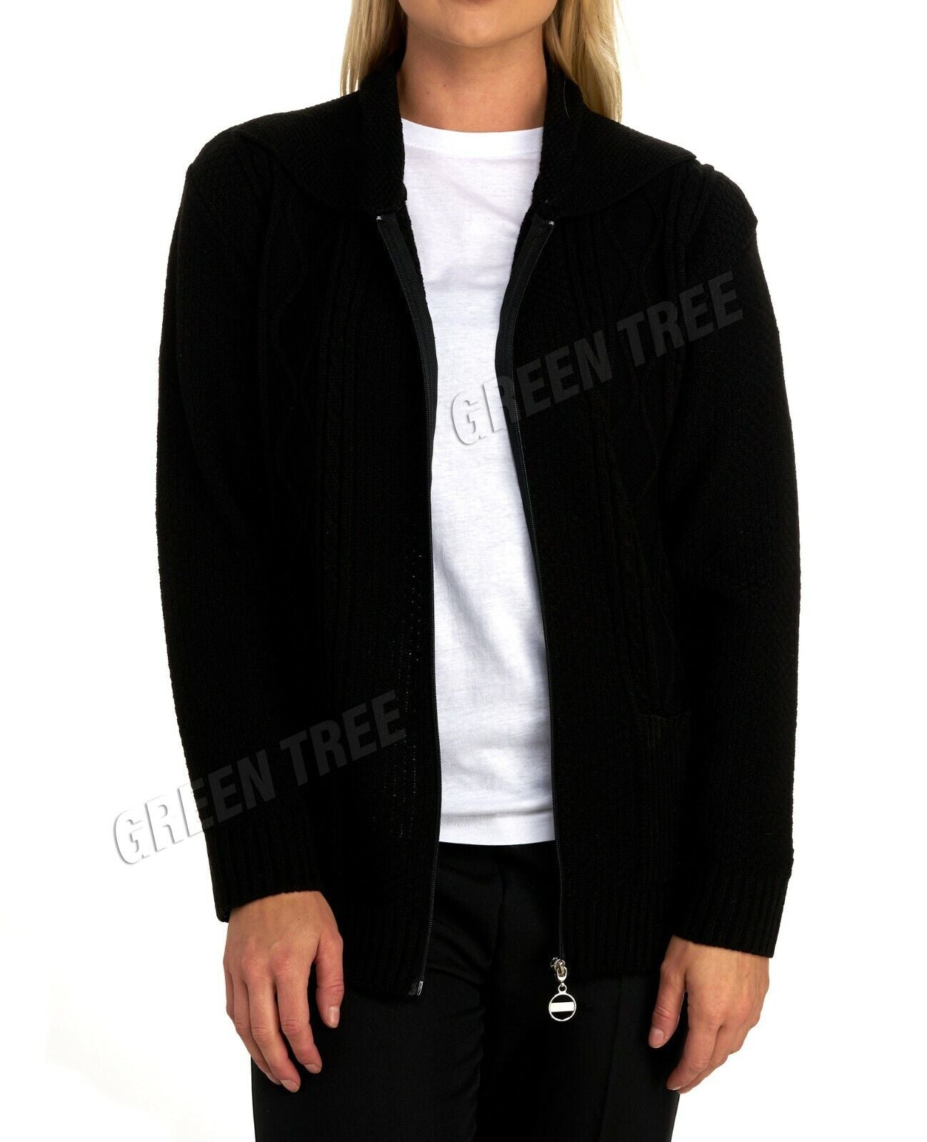 Cream Knit Collar Long Sleeve Zip Cardigan For Women 12-14 - Dropwear