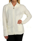 White Knit Collar Long Sleeve Zip Cardigan For Women 12-14 - Dropwear