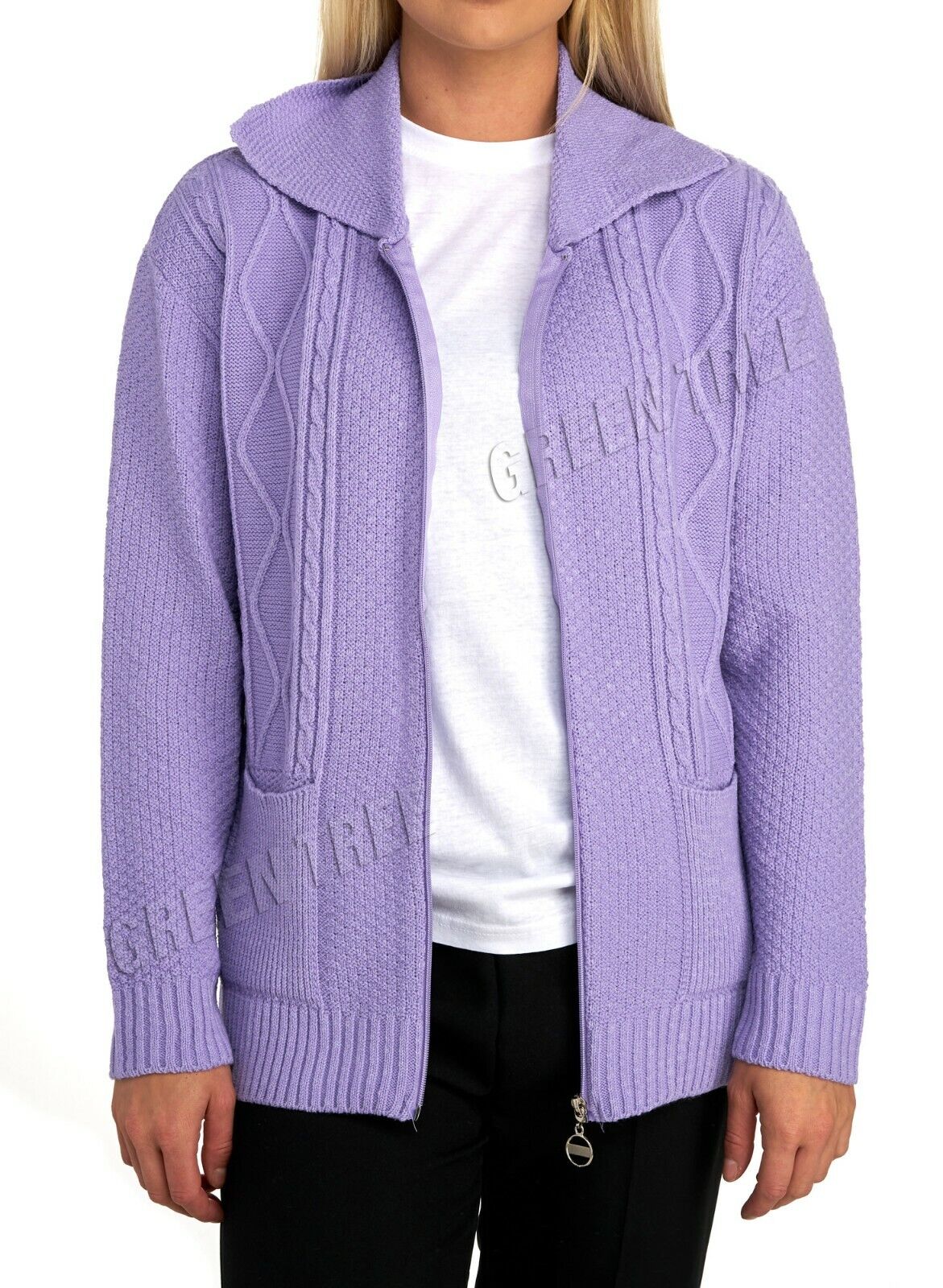 Stone Plus Size Knit Collar Long Sleeve Zip Cardigan For Women 16-18 - Dropwear