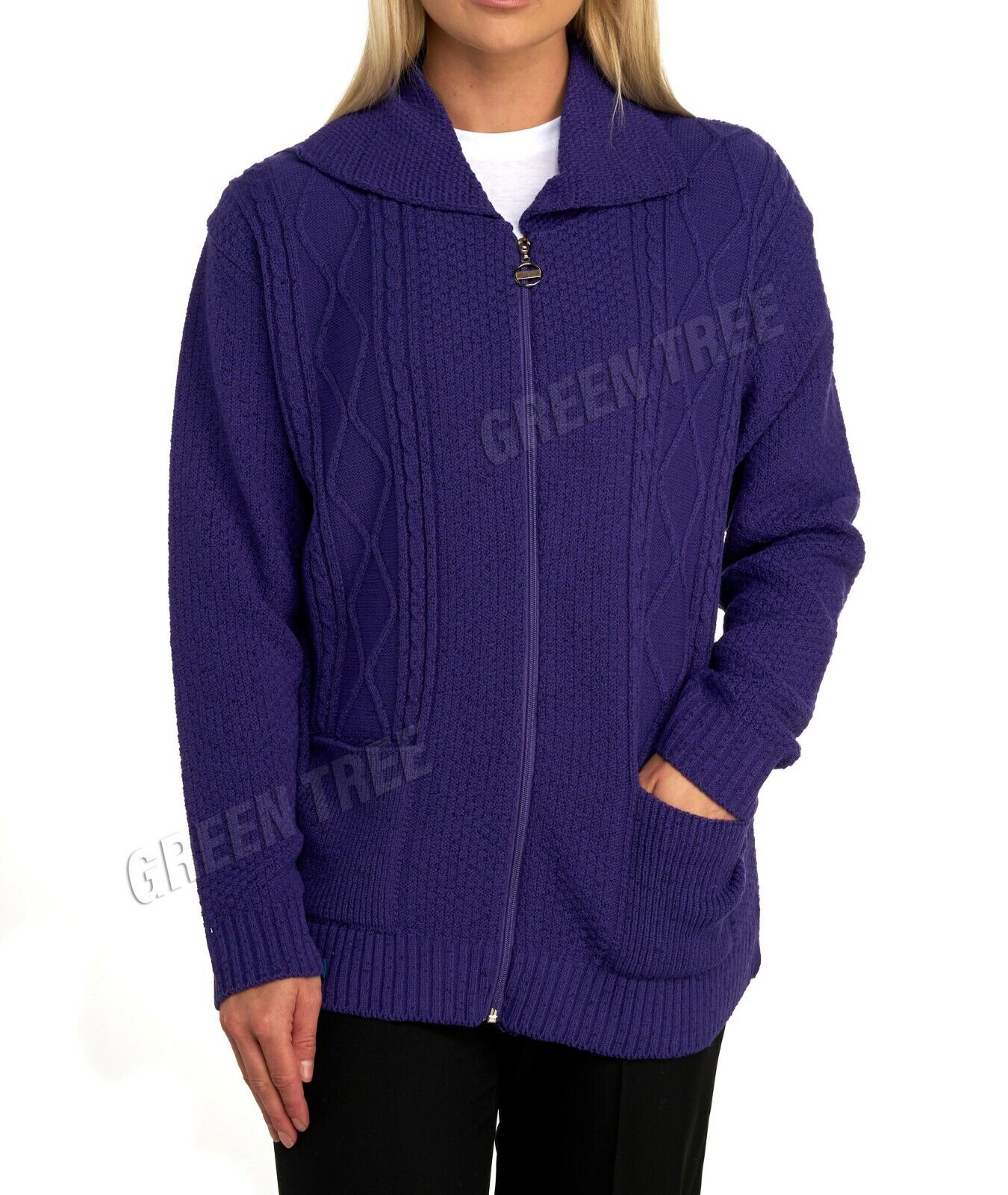 Mustard Knit Collar Long Sleeve Zip Cardigan For Women 12-14 - Dropwear