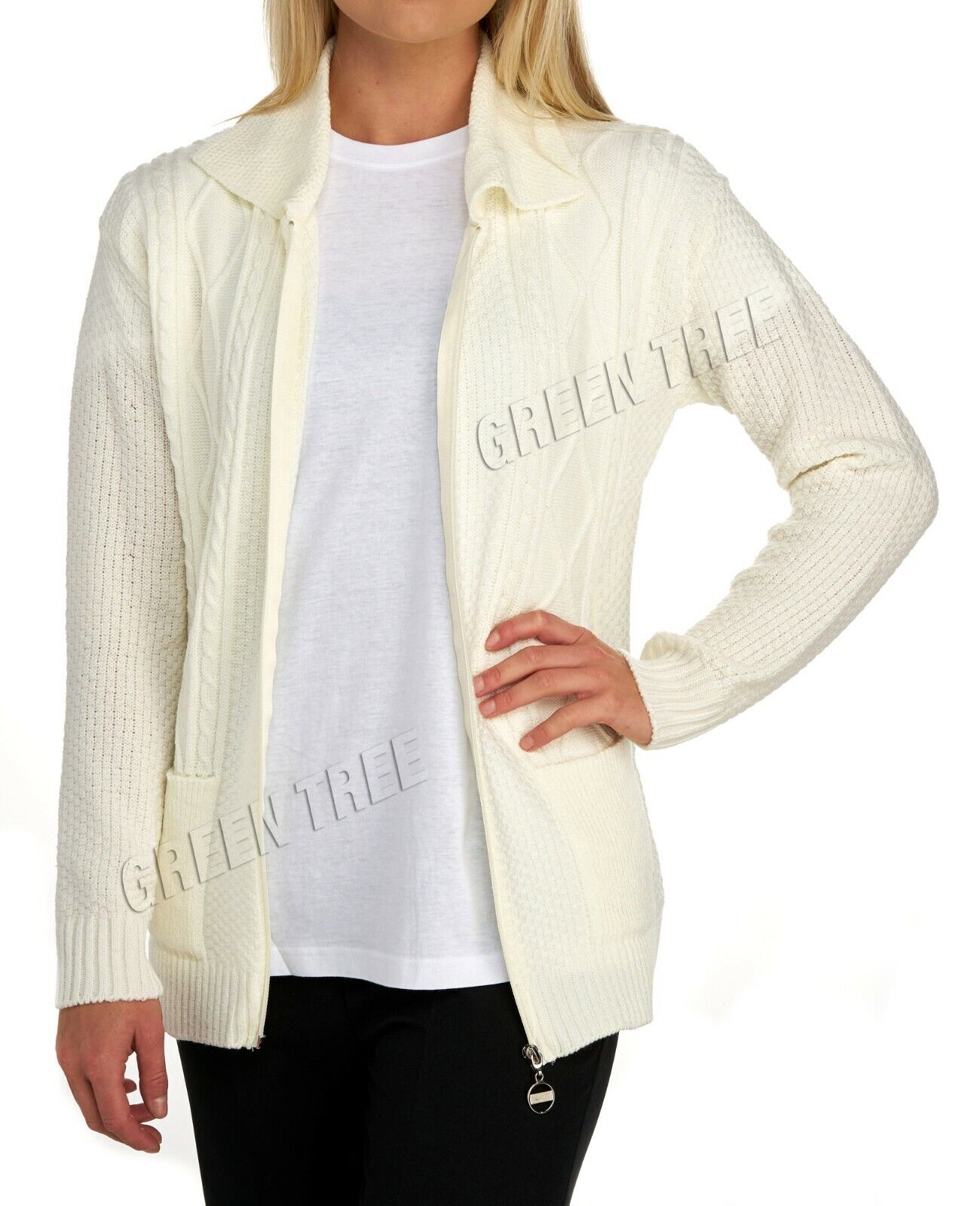 Light Turquoise Knit Collar Long Sleeve Zip Cardigan For Women 8-10 - Dropwear