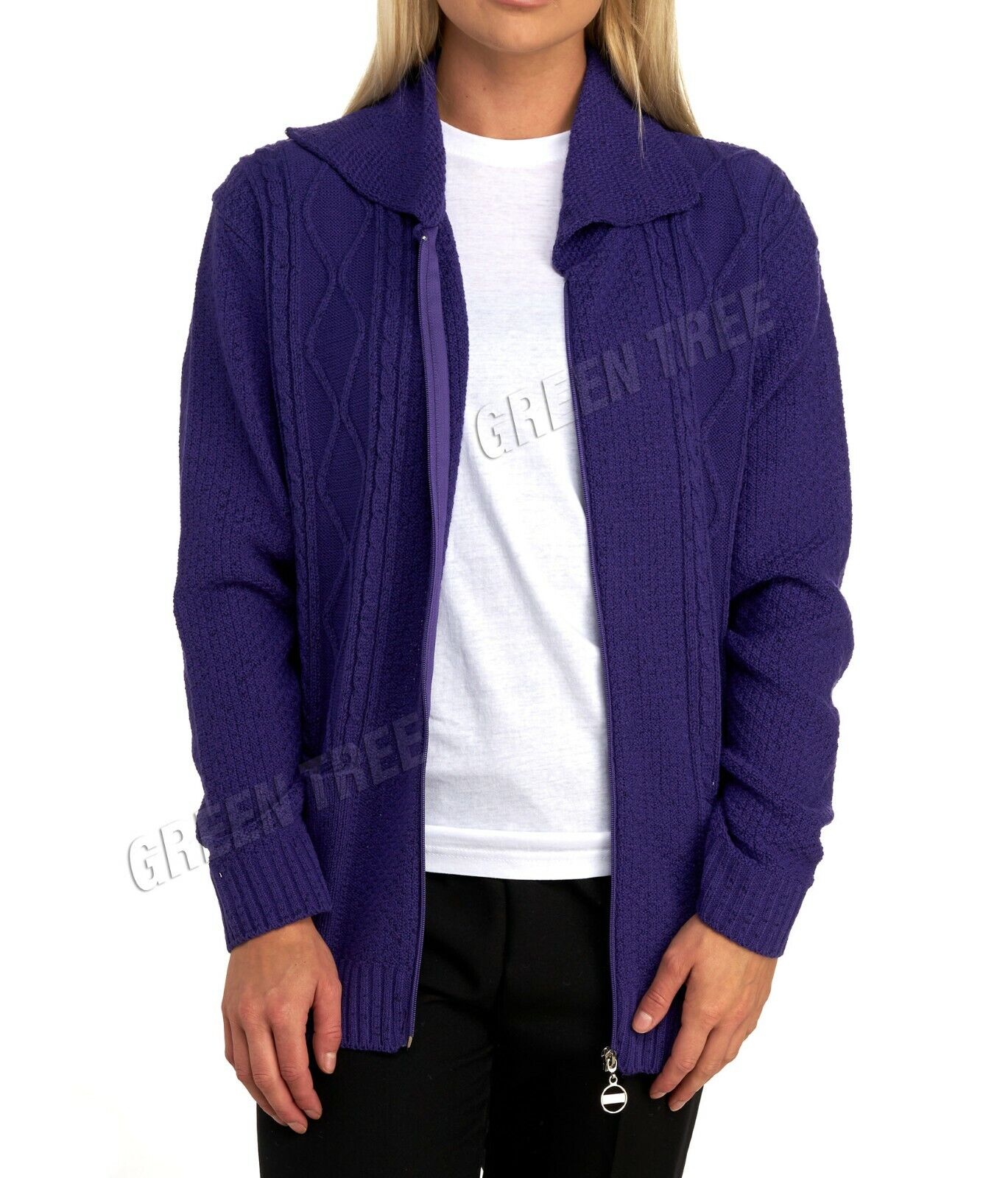 Knit Collar Long Sleeve Zip Cardigan For Women  - Dropwear