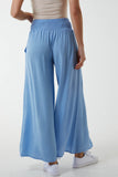 Light Blue Crinkle Shirred Waist Trousers For Women ONE SIZE - Dropwear