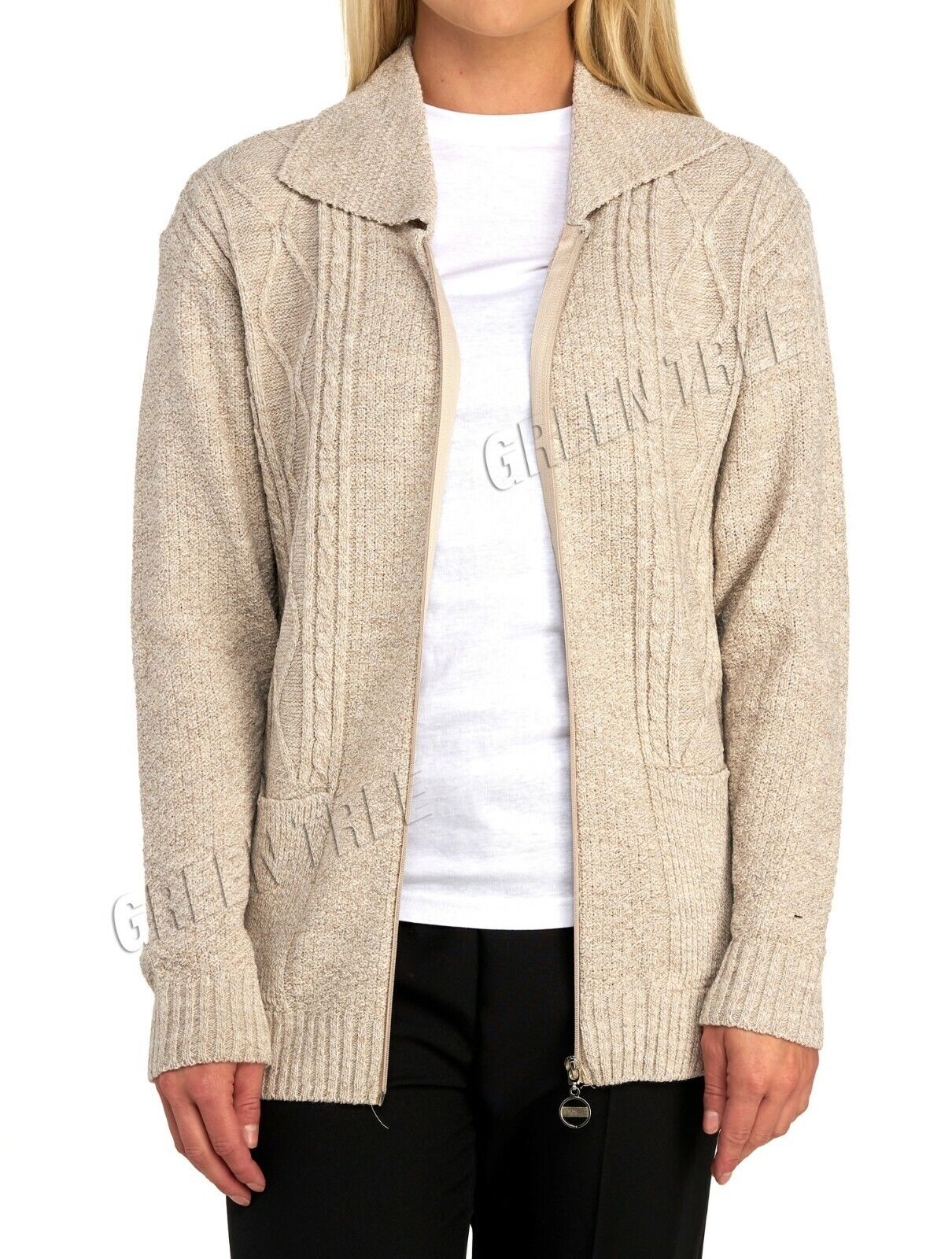 Knit Collar Long Sleeve Zip Cardigan For Women  - Dropwear