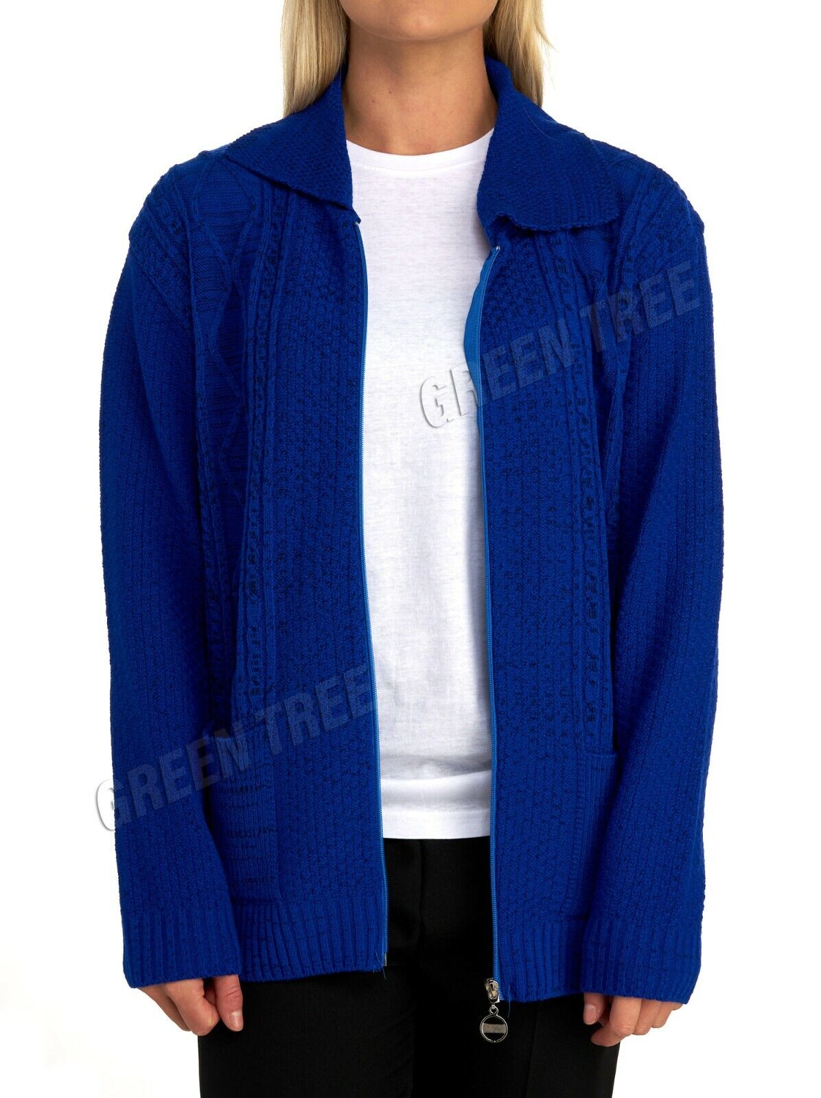 Light Turquoise Knit Collar Long Sleeve Zip Cardigan For Women 12-14 - Dropwear