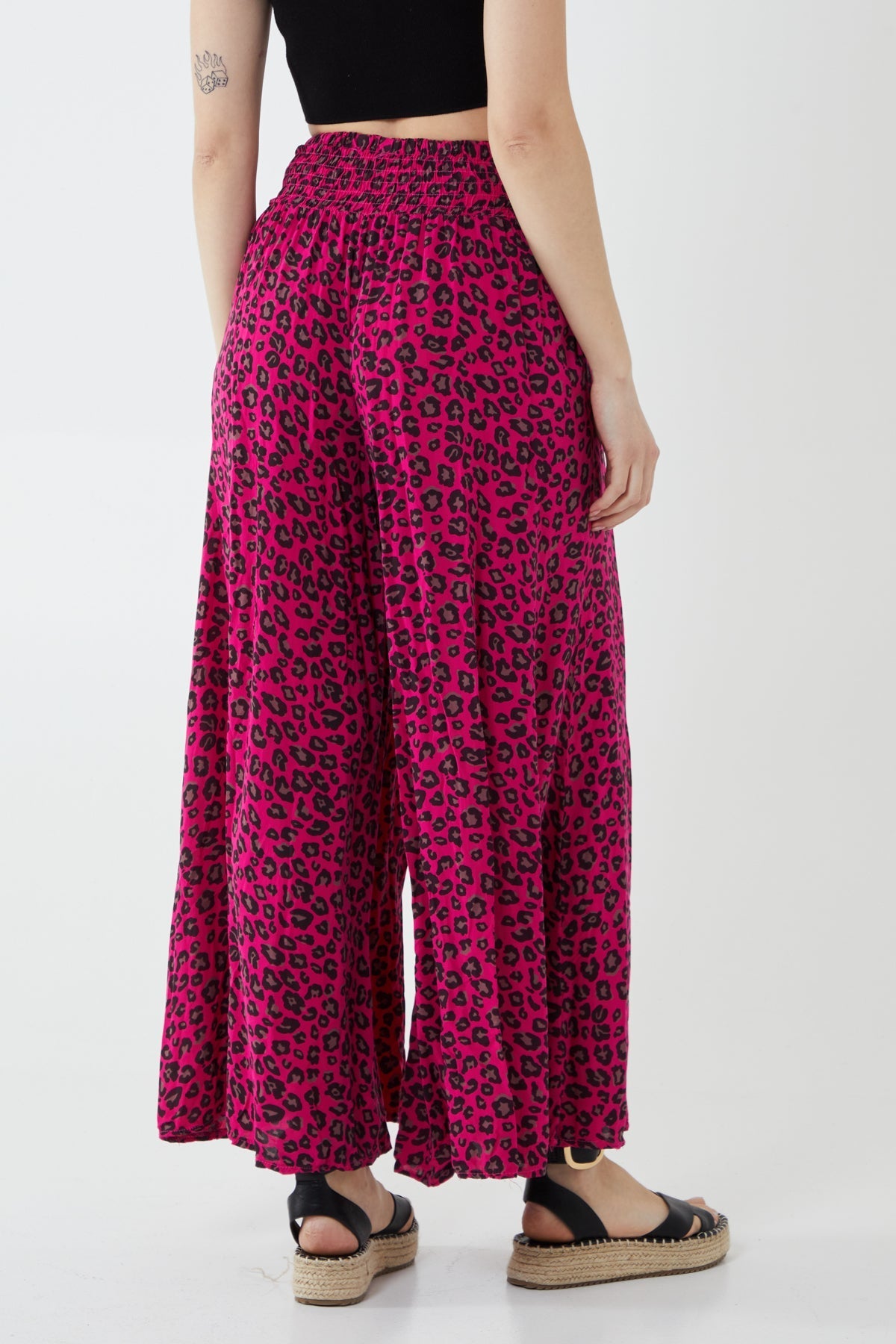 Leopard Print Ruched Waist Wide Leg Trousers For Women  - Dropwear