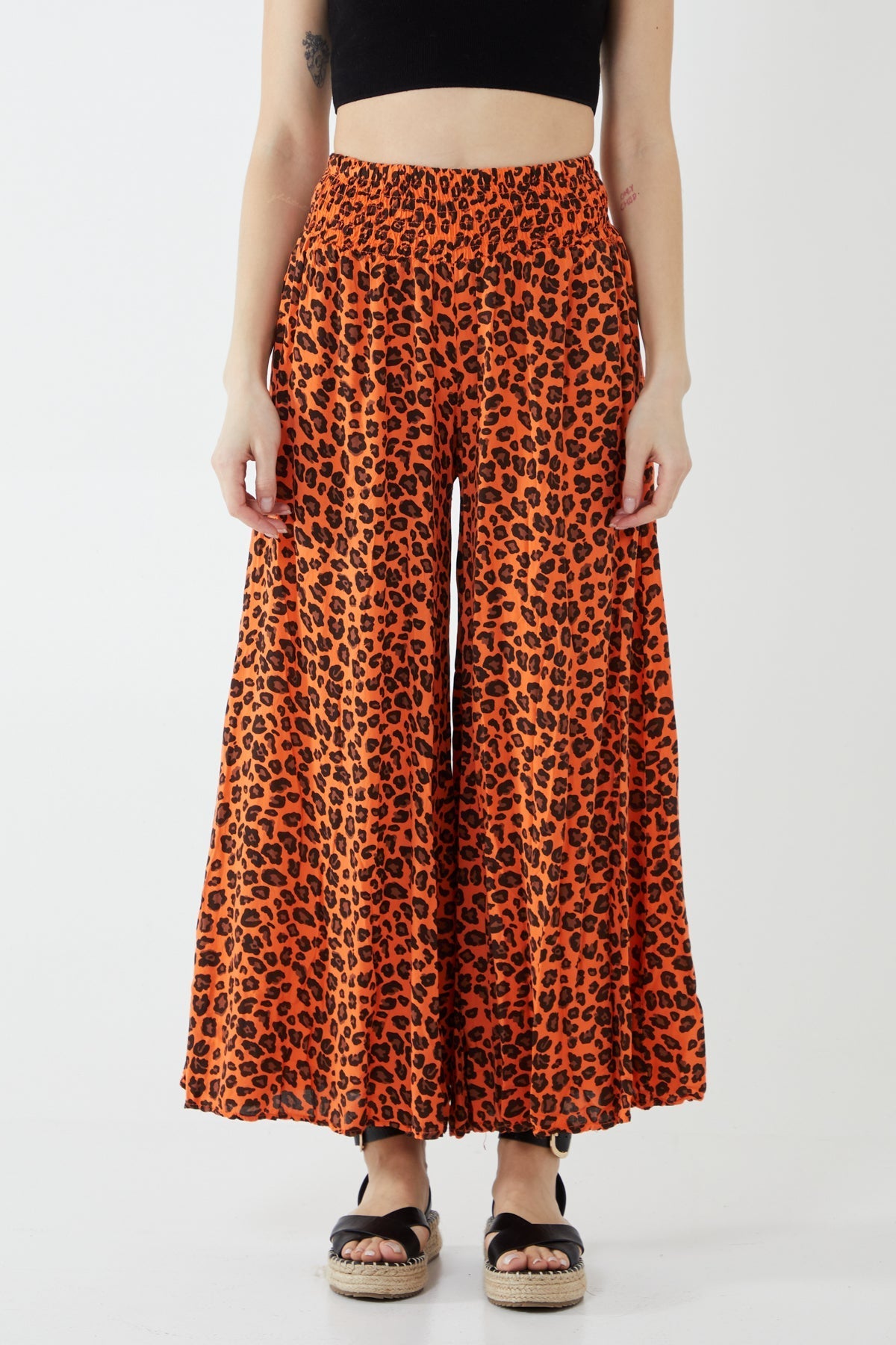 Leopard Print Ruched Waist Wide Leg Trousers For Women  - Dropwear