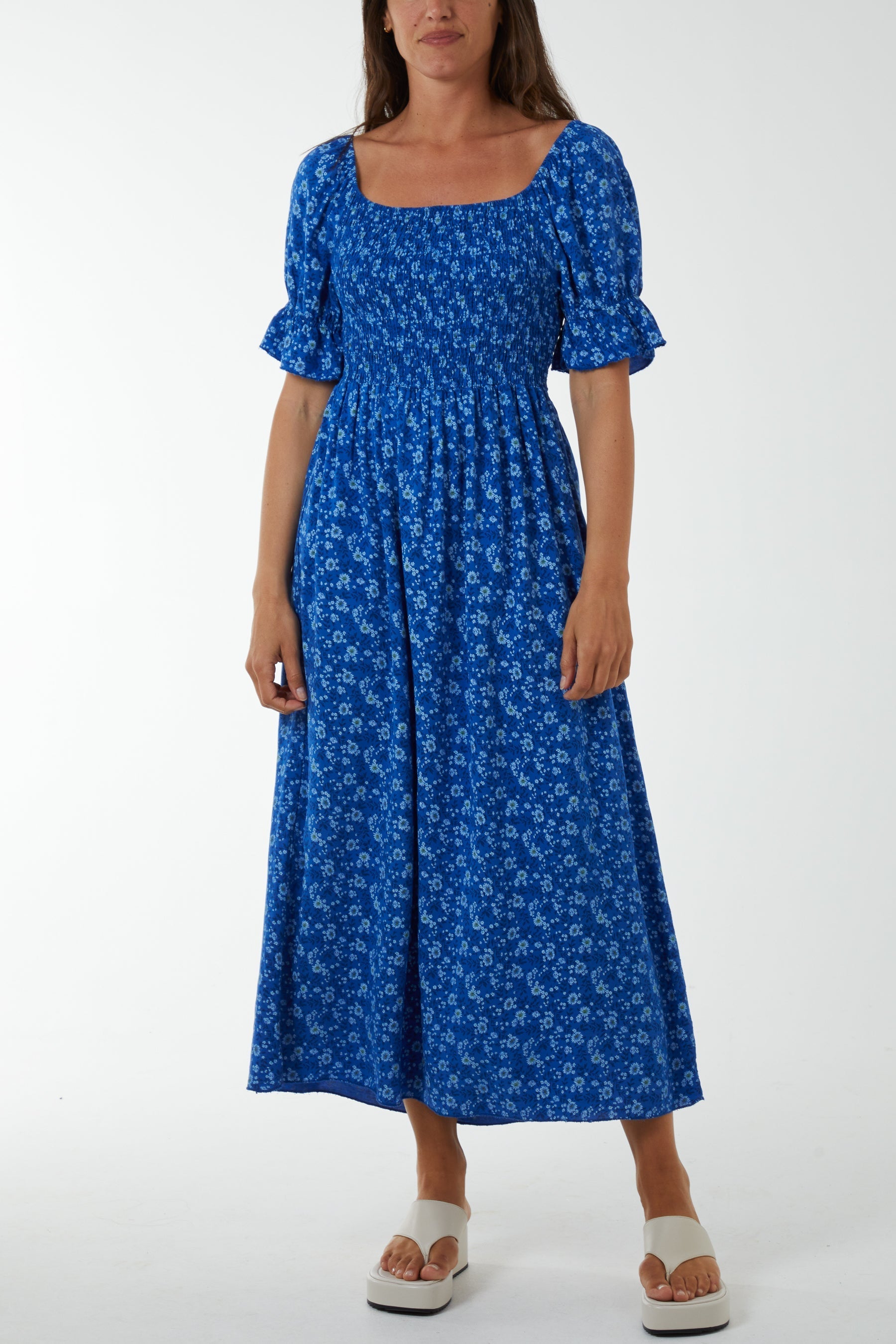 Puff Sleeve Floral Shirred Bodice Dress For Women  - Dropwear