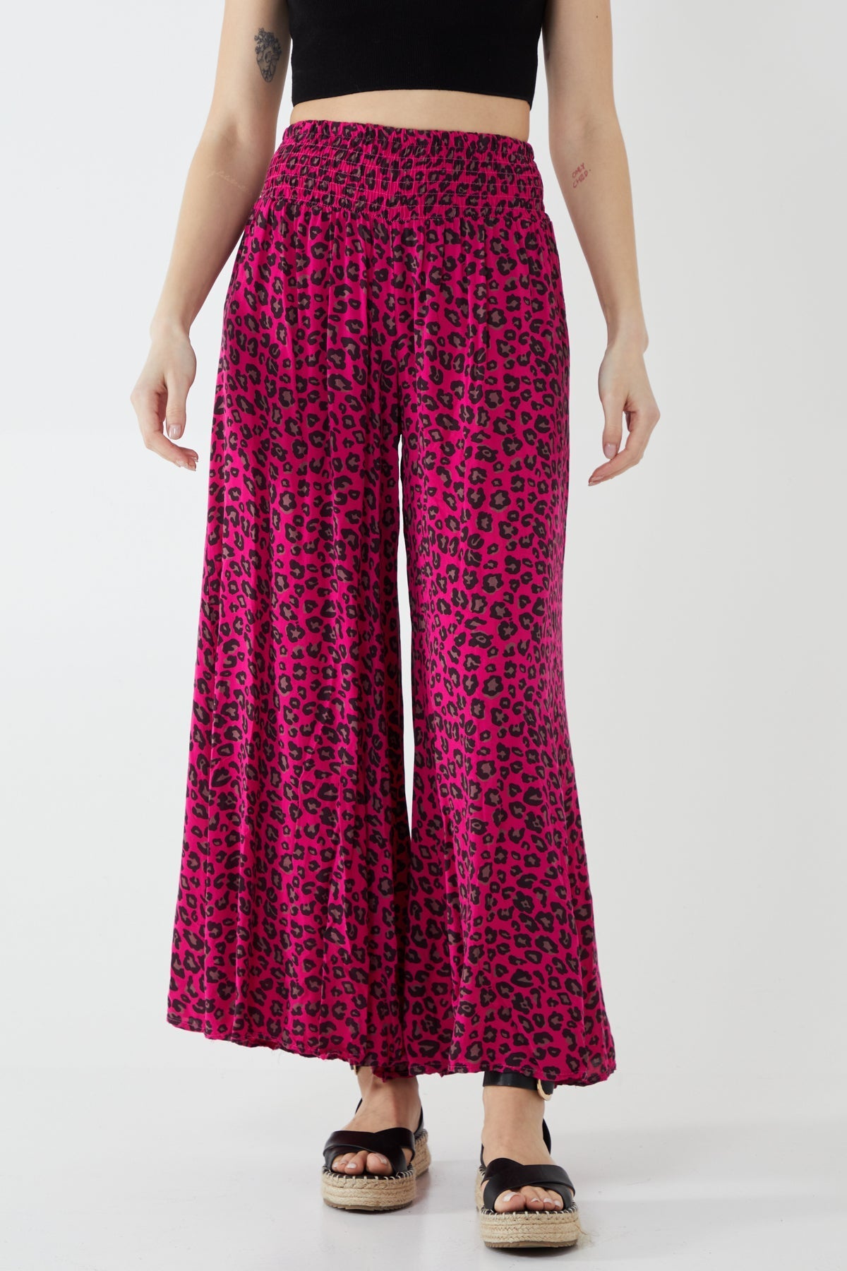 Leopard Print Ruched Waist Wide Leg Trousers For Women  - Dropwear