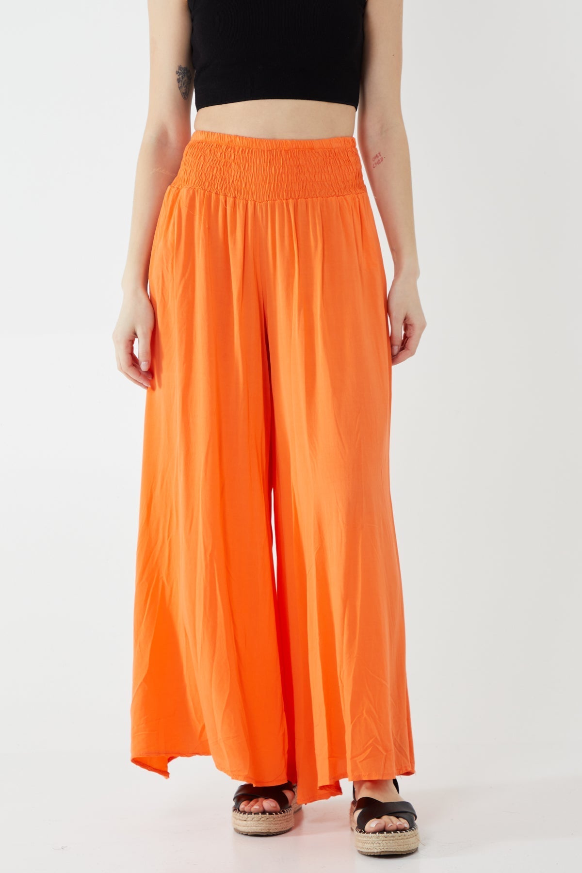 Shirred Deep Waist Band Wide Culottes For Women  - Dropwear