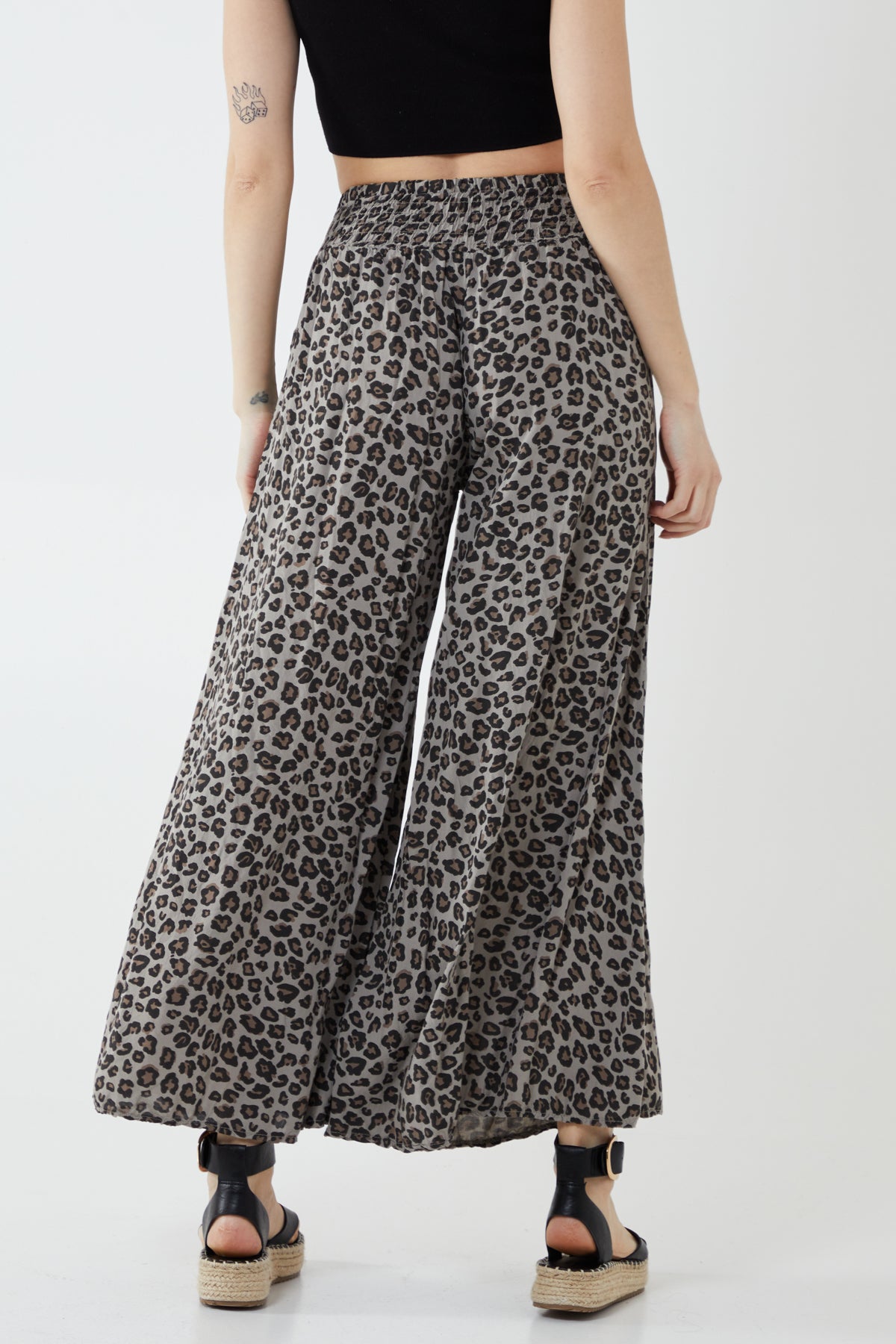 Leopard Print Ruched Waist Wide Leg Trousers For Women  - Dropwear