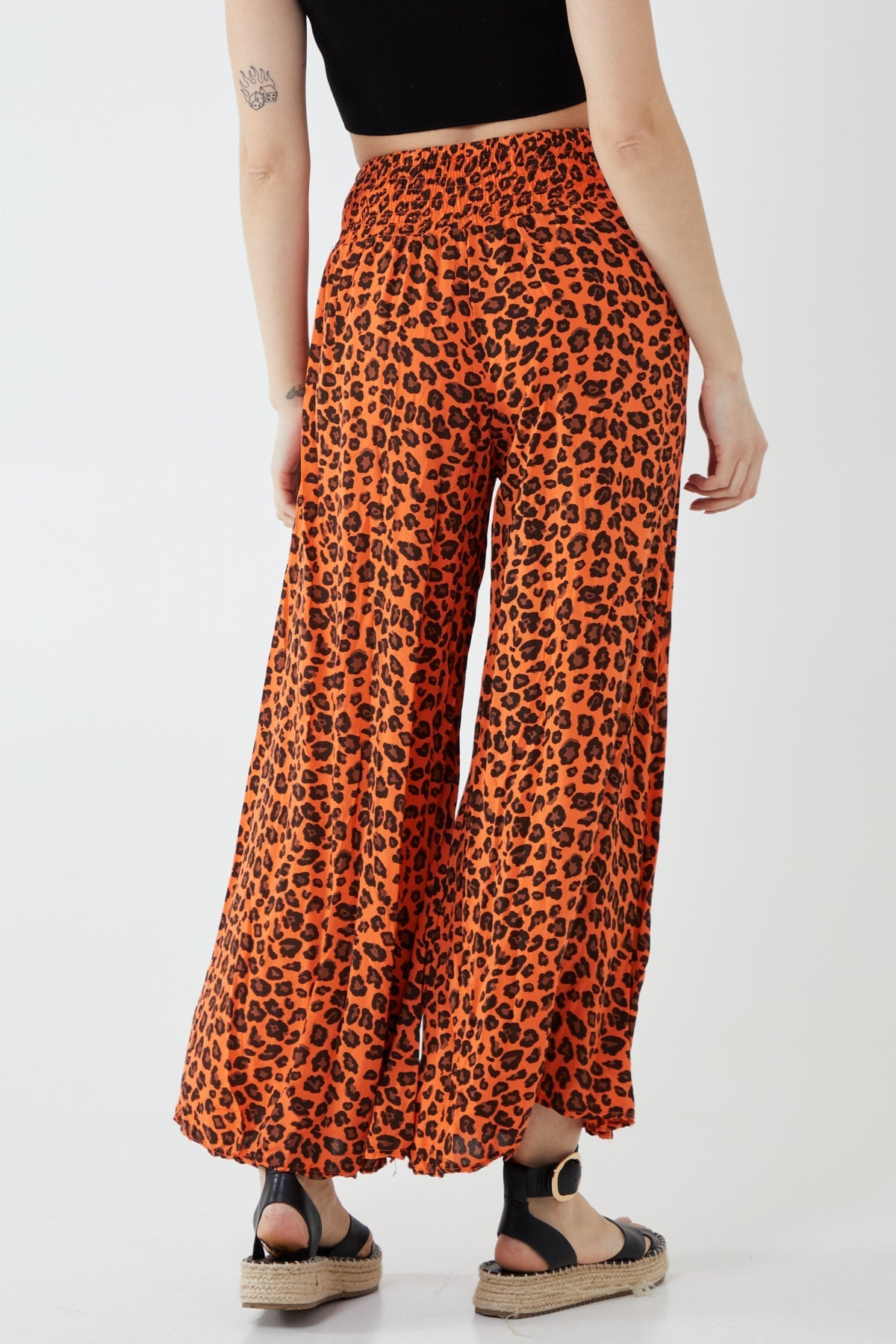 Leopard Print Ruched Waist Wide Leg Trousers For Women  - Dropwear