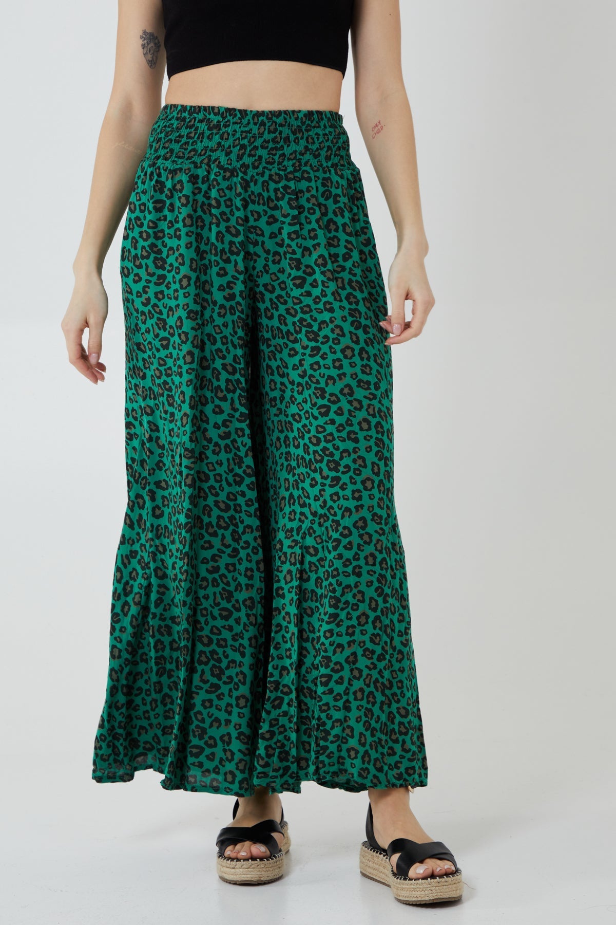 Leopard Print Ruched Waist Wide Leg Trousers For Women  - Dropwear