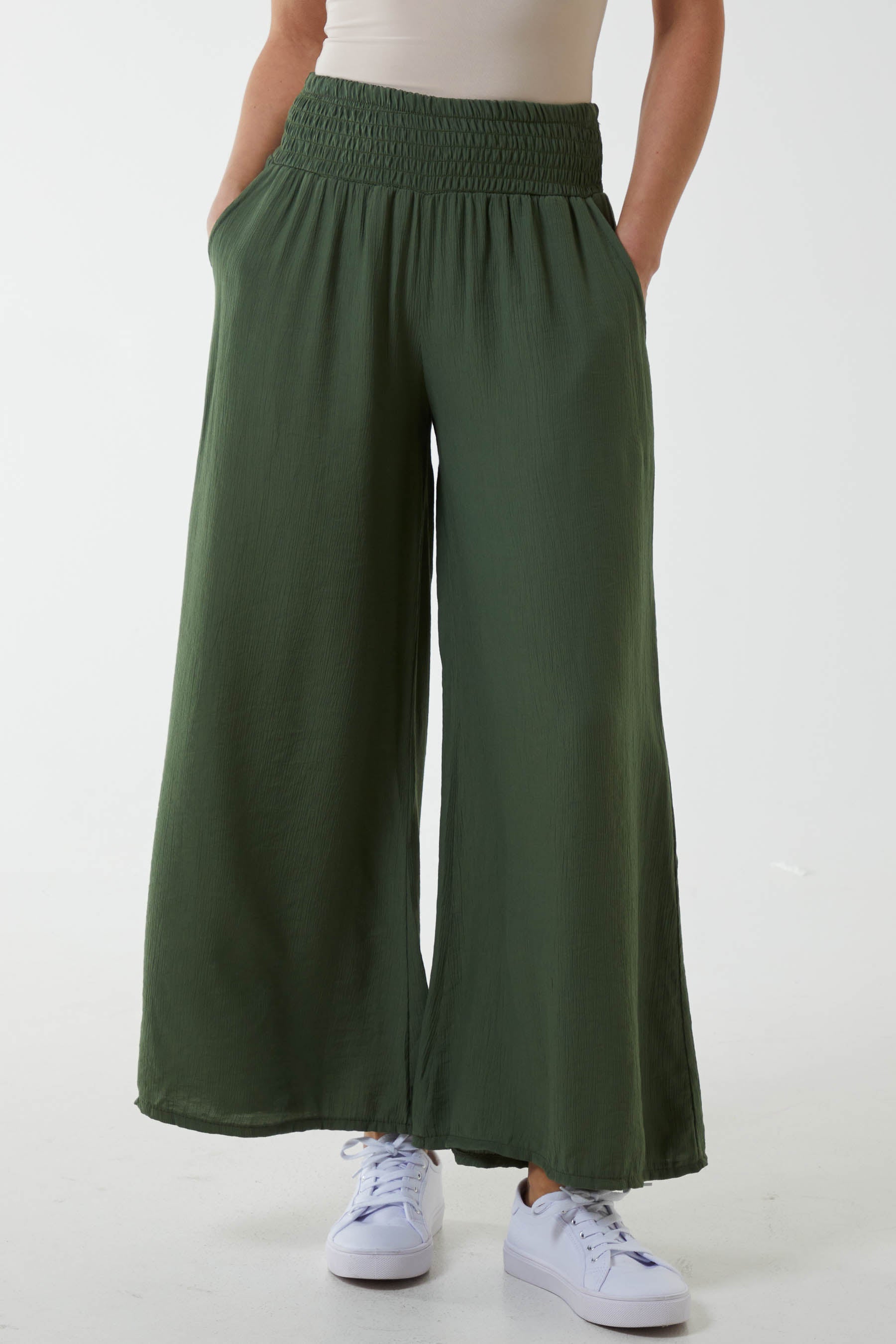 Lime Crinkle Shirred Waist Trousers For Women ONE SIZE - Dropwear