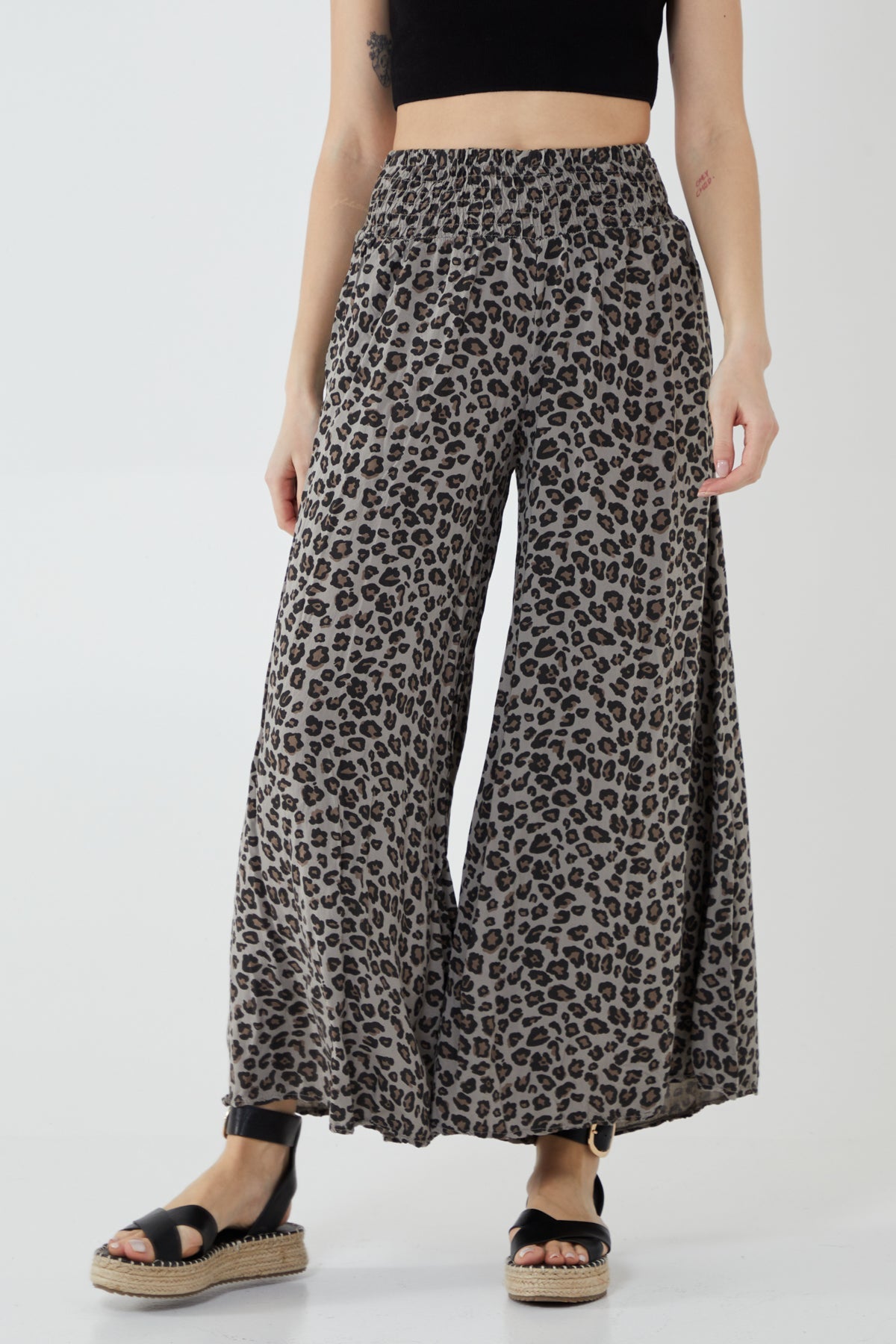 Leopard Print Ruched Waist Wide Leg Trousers For Women  - Dropwear