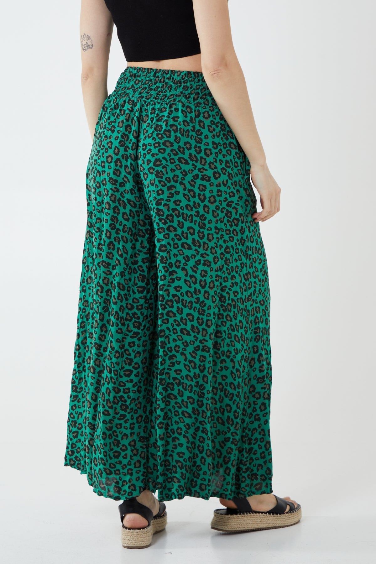 Leopard Print Ruched Waist Wide Leg Trousers For Women  - Dropwear