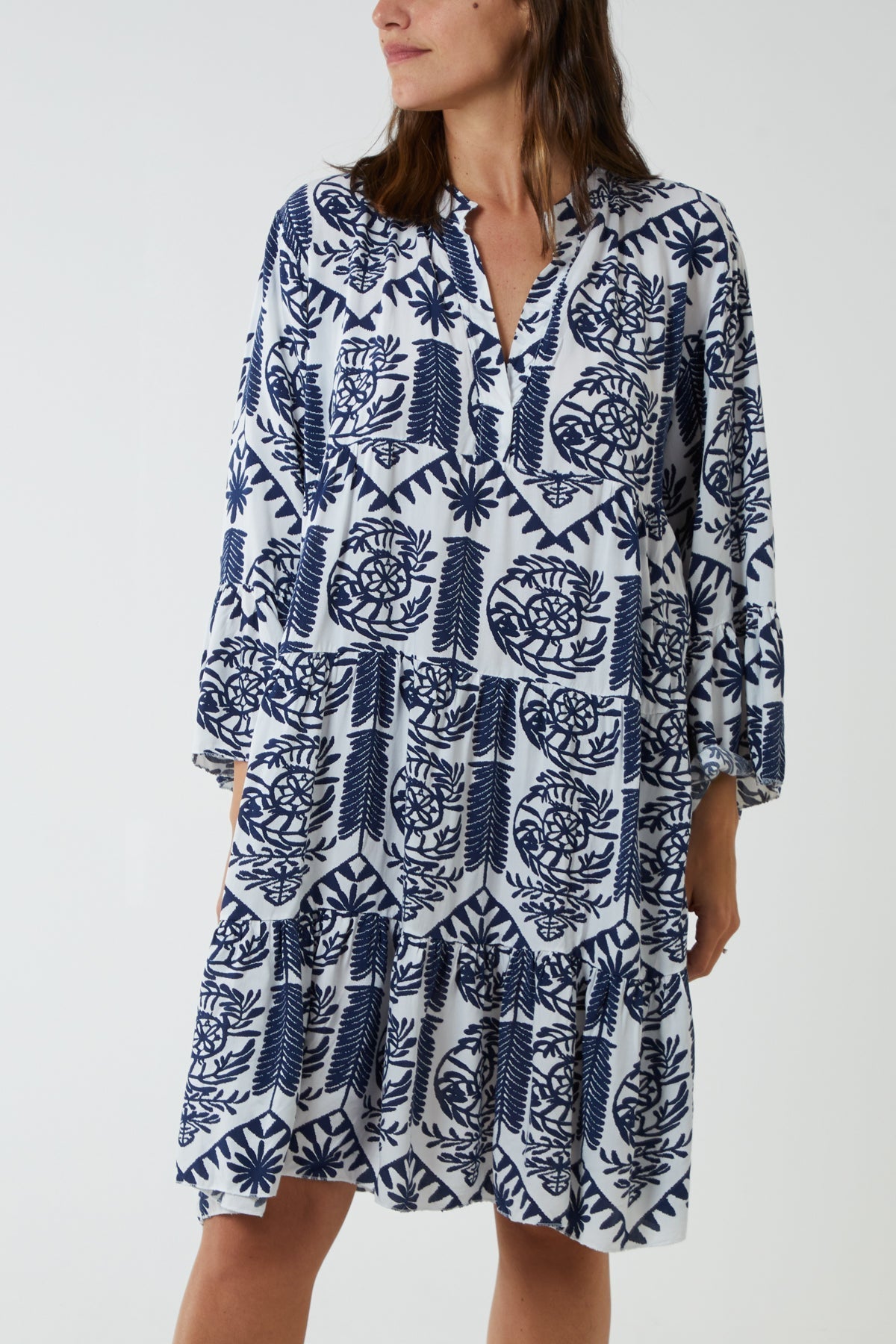Tiered Baroque Floral Smock Print Dress For Women  - Dropwear