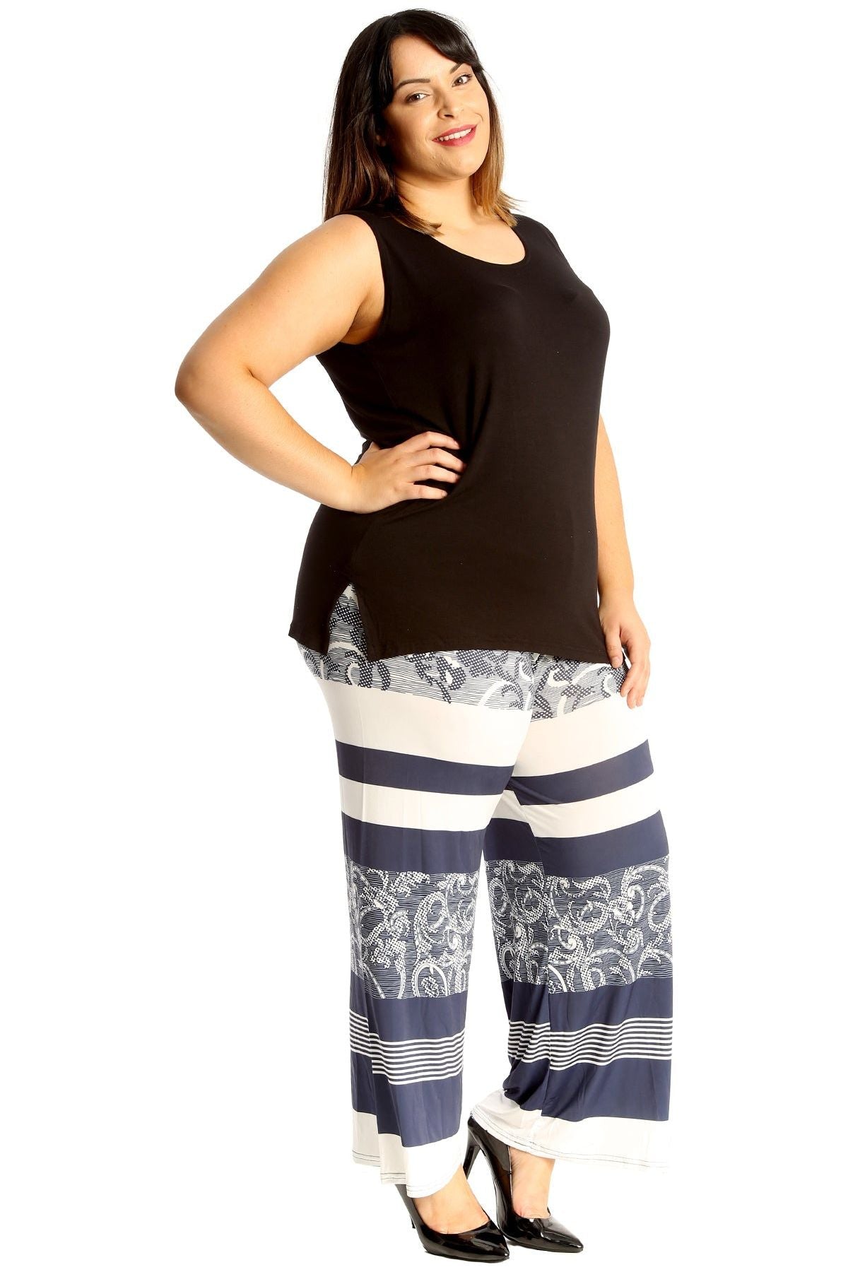 Plus Size Navy Abstract Print Palazzo Trouser For Women  - Dropwear