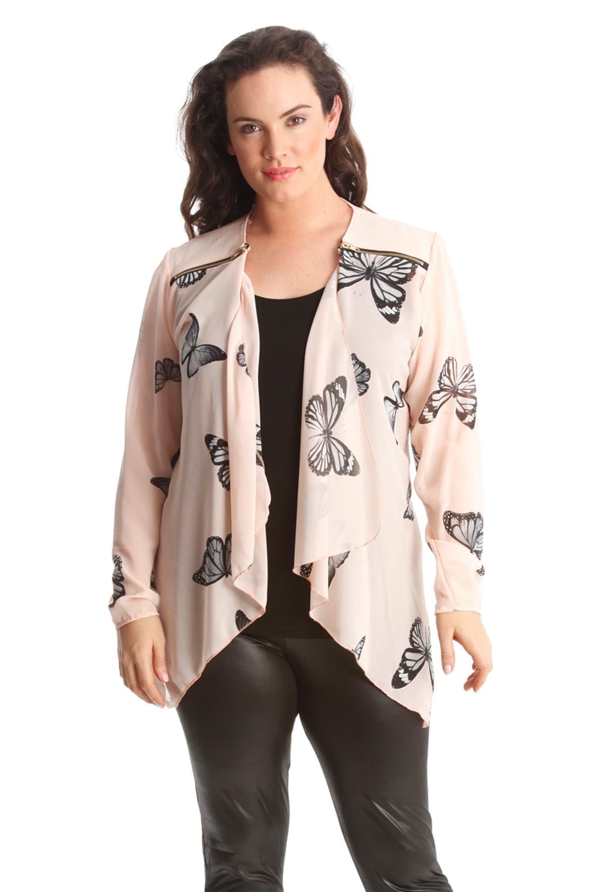 Black Chiffon Butterfly Print Sheer Cardigan Top For Women 14 - Dropwear